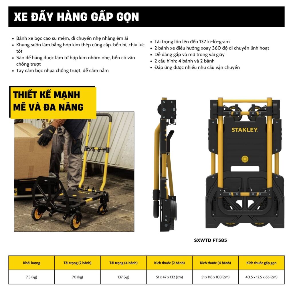 Xe đẩy hàng đa năng Stanley FT585, chuyển đổi 2 bánh và 4 bánh